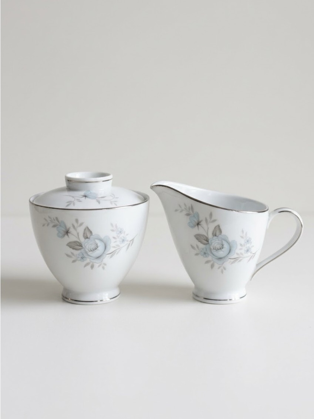 Vintage Mikasa Fine China Blue Rose 5413 Sugar Bowl with Lid and Creamer Set